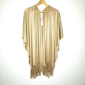 NWT Chicos Peyton Perforated Ruana Cover Arabian Camel One Size Tan Fringe Wrap